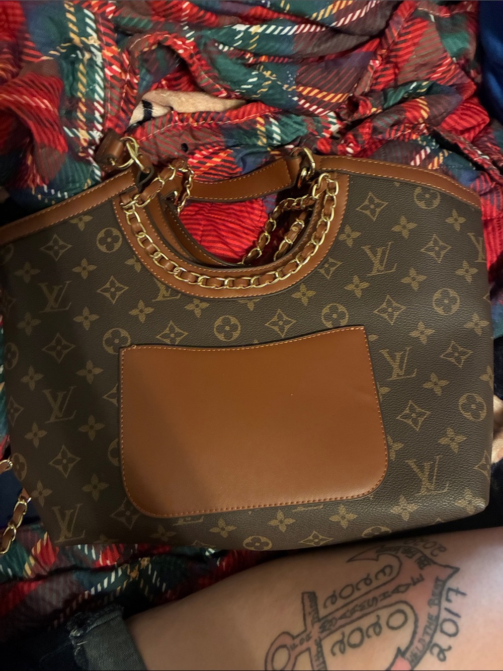 Louis Vuitton Brown Monogram Tote with Tan Leather and Gold Chain